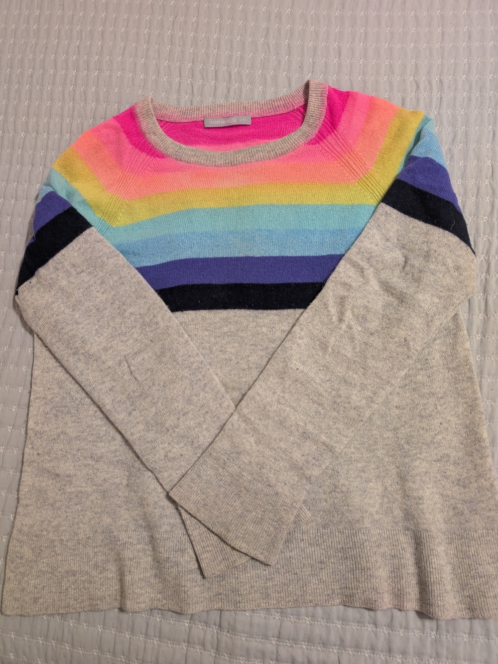 Hannah Rose 100% Cashmere Rainbow Striped Crewneck Sweater Grey XL
